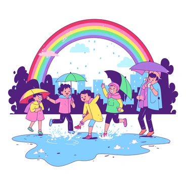 A vibrant rainbow arches across the sky above a group of children joyfully playing in the rain. The children are wearing colorful raincoats in various shades, with some jumping in puddles, splashing water around them. They are laughing and smiling, holding brightly colored umbrellas that catch the light. The wet ground reflects the colors of the rainbow, and droplets of rain create a shimmering effect in the air. In the background, there are blurred silhouettes of trees and buildings, adding to the lively atmosphere of the scene.