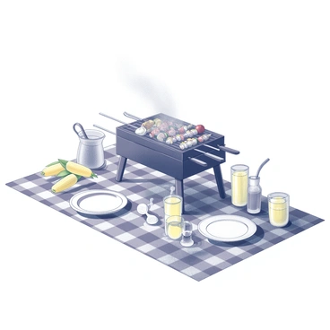 A picnic setup featuring an outdoor grill. The grill is filled with skewers of various meats and vegetables cooking over an open flame. Next to the grill, there are several ears of corn on the cob, some resting on a plate and others cooking nearby. A couple of pitchers filled with lemonade are placed on a picnic table, surrounded by glasses ready to be filled. The setting includes a checkered tablecloth spread across the table, enhancing the picnic atmosphere. Several utensils and plates are arranged neatly for serving.