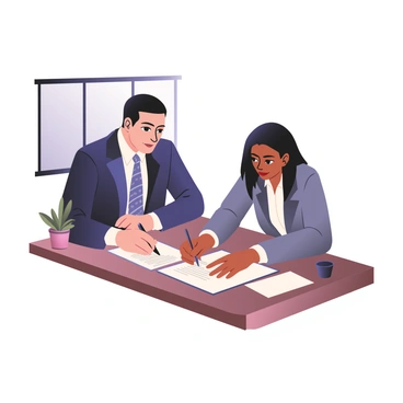 A digital flat illustration depicting two business people engaged in signing a contract. The first person, a man with light skin and short black hair, is wearing a navy blue suit, a white shirt, and a patterned tie, sitting on the left side of a polished wooden desk. The second person, a woman with medium skin and long straight black hair, is wearing a gray blazer over a white blouse and is positioned on the right side of the desk. Both individuals have focused expressions as they lean slightly towards each other. The desk is adorned with a few documents, a pen, and a small potted plant. A window in the background lets in natural light, illuminating the scene.