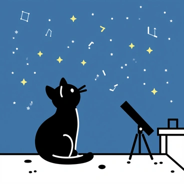 A cat with a sleek black coat is sitting on a rooftop at night, gazing up at the stars. The night sky is filled with countless twinkling stars, some forming constellations. Beside the cat, there is a small telescope aimed towards the sky. The rooftop has a few scattered tiles, and a gentle breeze ruffles the cat's fur as it looks intently at the celestial wonders above.
