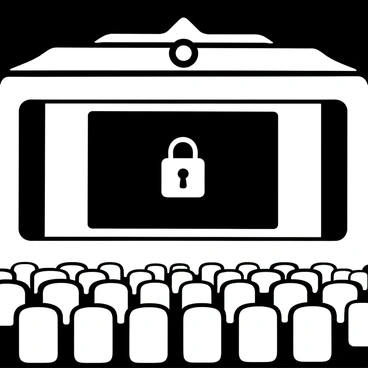 A large cinema screen displaying a black rectangle at the center. Inside the rectangle, there is a prominent "lock" icon depicted in a bold, clear style. The surrounding area of the screen is empty, emphasizing the black rectangle and lock icon. The cinema's seating area is visible in the foreground, with rows of empty seats facing the screen.