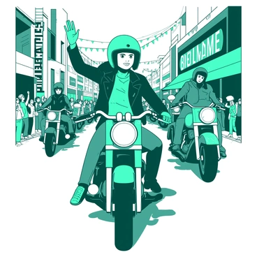 A teal biker girl is confidently riding a motorcycle at the front of a parade, with her right arm raised in a wave to the enthusiastic onlookers. She is wearing a black leather jacket and a vibrant helmet that stands out against her bright outfit. Behind her, a line of motorcycles follows closely, each sparkling in the sunlight. The city street is bustling with life, featuring colorful storefronts and cheering crowds on either side, some holding up their phones to capture the moment. Beautiful banners are strung across the street, adding to the festive atmosphere.