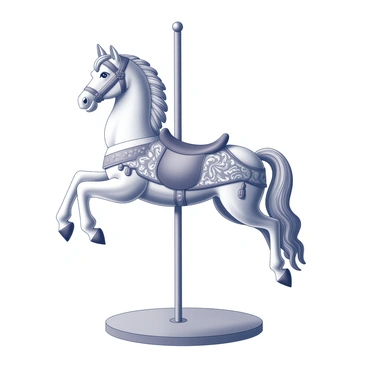 A classic carousel horse stands in profile, intricately detailed with ornate carvings along its body. The horse is positioned with its head held high and a flowing mane that appears to be caught in mid-gallop. Its saddle is richly adorned with tassels and decorative patterns. The horse's hooves are raised as if it is in motion, and a circular platform can be seen beneath it, surrounded by faintly drawn poles supporting the carousel structure. The background features swirling patterns that suggest the movement and excitement of a carousel ride.