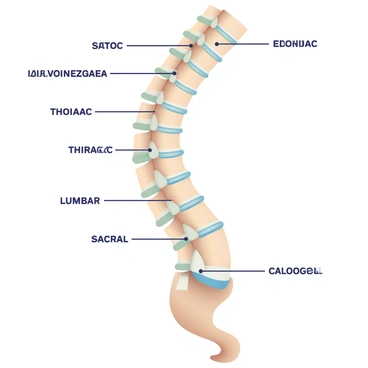 A side view of the human vertebral column is depicted clearly. Each vertebra is labeled with its corresponding name. The vertebrae vary in size and shape, showcasing the cervical, thoracic, lumbar, sacral, and coccygeal regions. The intervertebral discs are visible between each vertebra, emphasizing the structure of the spine. The image features a neutral color palette, allowing the labels to stand out for easy identification.