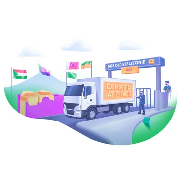 A scene depicting a truck stopping at a border checkpoint. The truck is large and features a cargo container, prominently labeled with the words "Delivered At Place" in bold letters. The checkpoint is marked by a sign indicating customs clearance, with a border guard in uniform observing the vehicle. Surrounding the checkpoint are various flags of neighboring countries, and a barrier gate is partially closed. In the background, a clear sky can be seen, along with distant hills.