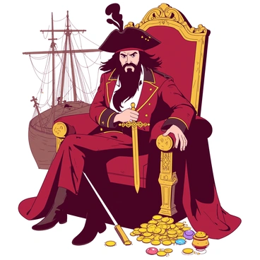 A fierce pirate captain sitting on a throne made of gold and jewels