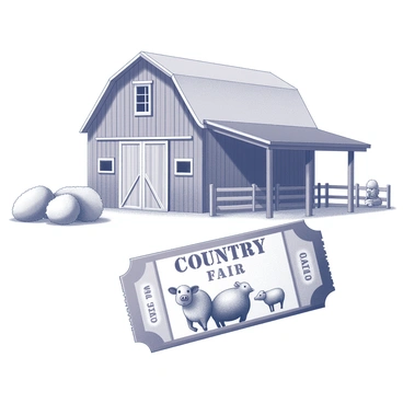 A ticket for a country fair displayed in the foreground. The ticket features illustrations of various farm animals, including a cow, a pig, and a sheep, positioned around the edges. In the background, there is a rustic barn with wooden siding and a large double door. The barn has a small hayloft window and a weathered roof. Scattered around the barn are a few bales of hay and a wooden fence, enhancing the rural atmosphere of the scene.