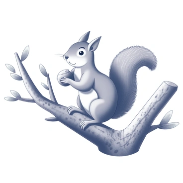 A squirrel is perched on a thick tree branch. Its body is slightly hunched, and it is holding an acorn with both front paws. The squirrel has a bushy tail curled around its back, and its fur has a textured appearance. The tree branch is sturdy, covered with rough bark and surrounded by leaves. The environment suggests the squirrel is high above the ground, providing a sense of height in the scene.