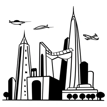 A black-and-white illustration of a futuristic cityscape featuring tall, sleek skyscrapers with smooth, reflective surfaces. The buildings are connected by intricate bridges and walkways. Several flying vehicles soar between the skyscrapers, each one with unique designs and streamlined shapes. The skyline showcases a variety of architectural styles, with some structures tapering to sharp points and others featuring rounded edges. There are clusters of trees and green spaces integrated into the urban design, adding contrast to the stark lines of the buildings.