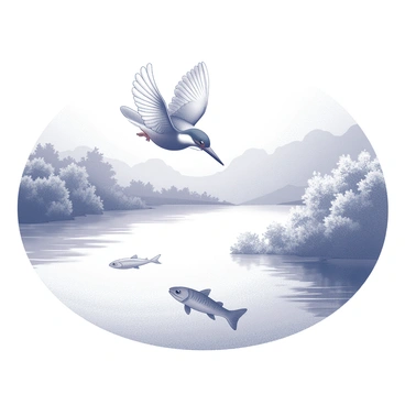 A kingfisher in mid-air, positioned directly above a shimmering river. The bird is poised with its wings partially spread, showcasing its sleek body as it dives. Below, the water surface is disrupted, creating ripples and splashes as the kingfisher targets a fish just beneath the surface. The fish, a small, silvery creature, is visible as it darts away in an attempt to escape. Surrounding the scene, the riverbanks are lined with lush greenery, enhancing the natural habitat of the kingfisher.