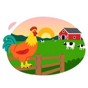 A vibrant rooster with colorful feathers stands on a wooden fence, its beak open wide as it crows loudly. The sun is just peeking over the horizon, casting a warm golden light across the farm. Nearby, a peaceful barn with red siding can be seen, and a few cows are grazing in the green grass. The sky is painted with soft shades of orange and pink, indicating the early dawn. The rooster's call echoes across the farm, stirring the animals awake.