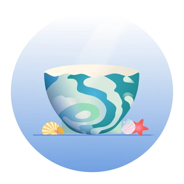 A marine pokal shaped like a large seashell is centered in the image. The pokal features intricate oceanic patterns in shades of blue, turquoise, and white that mimic the waves and the surface of the sea. The outer surface has a glossy finish, reflecting light beautifully. Surrounding the pokal are small seashells and starfish in natural colors, providing an added coastal element to the scene. The background consists of a soft gradient that transitions from deep ocean blue at the bottom to a lighter sky blue at the top, enhancing the marine theme.