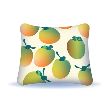 A large, square cushion is placed prominently in the center of the image. The cushion is covered in a vibrant fabric featuring a detailed jackfruit pattern, with various shades of green, yellow, and brown to represent the fruit's texture and color. The background is a soft, neutral tone that highlights the cushion's striking design. The cushion is slightly plump and inviting, creating an impression of comfort and relaxation. A few delicate shadows are cast beneath the cushion, enhancing its three-dimensional appearance.