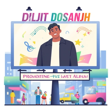 A giant city billboard displays "Diljit Dosanjh" in bold, vibrant letters at the top. Below his name, there is an image of Diljit with medium skin and black hair, wearing a stylish black jacket and a white t-shirt. He is smiling confidently. Surrounding the image are colorful musical elements, such as notes and sound waves, emphasizing the theme of music. The bottom of the billboard features the text "Promoting His Latest Album" in an eye-catching font. The billboard is set against a backdrop of a bustling urban street filled with people and vehicles.