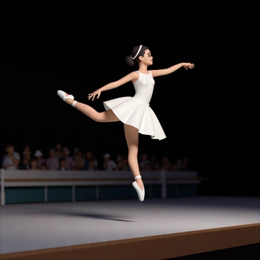 A ballet dancer, wearing a classic white tutu and ballet slippers, is performing on stage. She is in a graceful pose mid-air, transitioning from a leap into a burpee. Her arms are extended and her face shows concentration. The stage is illuminated with soft lighting, highlighting her form against a dark backdrop. In the foreground, a wooden ballet barre is slightly visible, and in the background, silhouettes of the audience can be seen watching her performance intently.