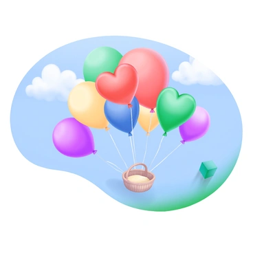 A group of vibrant, colorful balloons in various shapes and sizes, including round and heart-shaped, floating upwards in a clear blue sky. Each balloon is a different color, such as red, yellow, green, blue, and purple, creating a lively spectacle. The strings of the balloons are attached to a small, unoccupied basket that is gently swaying, emphasizing the buoyant force lifting the balloons higher into the air. Fluffy white clouds can be seen in the distance, adding depth to the scene.