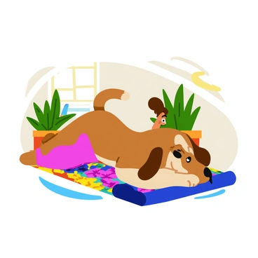 A brown dog with floppy ears is mimicking a yoga pose beside its human on a colorful yoga mat. The dog is in a downward dog position with its tail raised, while the human, dressed in comfortable athletic wear, is also in the same pose, forming a mirrored shape. The yoga mat features a vibrant pattern of flowers, and the background includes a bright, sunlit room with potted plants. Soft shadows are cast on the floor, enhancing the inviting atmosphere of the scene.