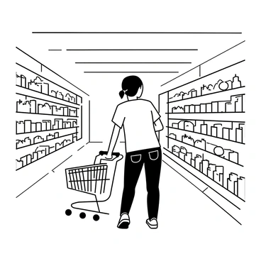 A person is pushing a shopping cart through a grocery store aisle filled with various products on the shelves. The person is wearing a short-sleeved shirt and jeans, with their hair tied back. The shopping cart is filled with groceries, including fruits and vegetables. The aisle is lined with colorful packaging and signs indicating different sections of the store. The floor has a smooth, tiled surface, and overhead lights illuminate the scene.
