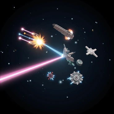 A space scene featuring a dynamic battle between multiple starships. Several starships of varying designs and colors are engaged in combat, maneuvering sharply through the cosmos. Bright laser beams are being fired from the starships, creating vibrant streaks of light against the dark background of space. Explosions can be seen erupting from the impact points of the laser beams, illuminating the surrounding starships. The vastness of space is dotted with distant stars and planets, adding depth to the scene.