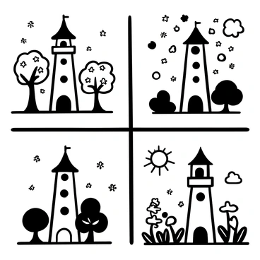 Four quadrants, each depicting the "Galata Tower" in a different season. In the top left quadrant, the tower stands amongst blossoming cherry trees with delicate flowers gently falling around it, symbolizing spring. In the top right quadrant, the tower is surrounded by vibrant autumn leaves in various shapes and sizes, capturing the essence of fall. In the bottom left quadrant, the tower is set against a backdrop of snowflakes gently descending from the sky, representing winter. In the bottom right quadrant, the tower is depicted under a bright sun with lush greenery and blooming flowers, showcasing the vibrancy of summer.