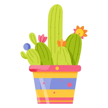 A colorful pot filled with a family of various types of cacti. The pot is decorated with bright patterns and has a mix of sizes and shapes of cacti. There is a tall, slender cactus standing in the center, surrounded by shorter, rounder cacti and a few with vibrant flowers blooming. The cacti are a variety of shades of green, with some having textured skin and others showing spines. The scene is lively and full of detail, showcasing the diversity of the cacti.