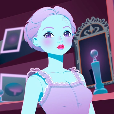 A porcelain doll with a delicate, glossy finish. Its cheeks are cracked, revealing a subtle aging effect, and its eyes are large and striking, reflecting a lifelike quality that draws attention. The doll's lips are painted in a soft rose color, slightly parted as if caught mid-sentence. It wears a vintage dress made of intricate lace and satin, complementing its fragile appearance. The doll is placed on an ornate wooden shelf, surrounded by faded photographs and antique trinkets, creating a nostalgic atmosphere.