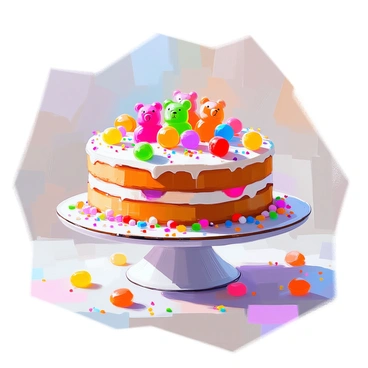 A vibrant gateau sitting on a decorative cake stand, covered in an assortment of colorful candies and sweets. The cake is layered, with visible slices showing rich cream filling. On top, there are brightly colored gummy bears, shiny chocolate buttons, and sparkling sugar crystals scattered across the surface. Surrounding the gateau, there are small, decorative sprinkles that add to the festive appearance. The setting includes a soft, blurred background that enhances the focus on the cake.