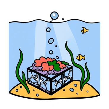 A mysterious box with intricate designs resting on the sandy ocean floor. The box is partially covered in soft corals and seaweed, blending into the underwater environment. Bubbles are rising steadily from the box, creating a trail that leads to the surface. Soft rays of sunlight filter through the water, illuminating the box and highlighting its details. Surrounding the box, small fish swim curiously, adding life to the underwater scene.