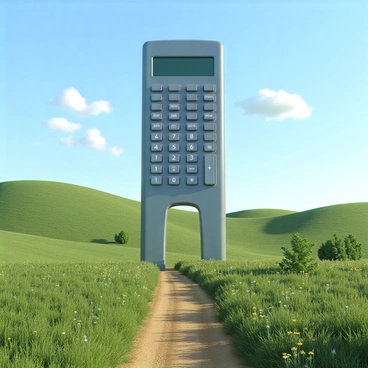 A tall tower in the shape of a calculator with a sleek, modern design. The tower features large buttons and a screen, all crafted with shiny materials that reflect the sunlight. Surrounding the tower is a lush countryside landscape, with rolling green hills and a clear blue sky. A few white fluffy clouds drift lazily above, and there are patches of wildflowers adding color to the scene. In the foreground, a dirt path leads up to the tower, inviting exploration.