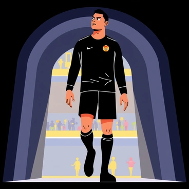 Cristiano Ronaldo, wearing a sleek black training kit, walks through a dimly lit stadium tunnel. His expression is focused and determined, with furrowed brows and a slight frown. The tunnel walls are lined with bright spotlights, casting a warm glow around him. In the background, faint silhouettes of cheering fans are visible through the entrance of the tunnel. Ronaldo's athletic physique is accentuated by the way he strides confidently, exuding a sense of purpose and readiness for the match ahead.