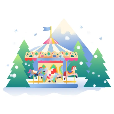 A colorful carousel with intricately painted horses is located at the base of a snowy mountain. The carousel is adorned with vibrant lights that contrast against the white snow. Surrounding the carousel are tall pine trees with green needles, their branches dusted with fresh snow. The mountain in the background rises majestically, its peak glistening under the sunlight. A few snowflakes gently fall from the sky, adding to the winter scenery.