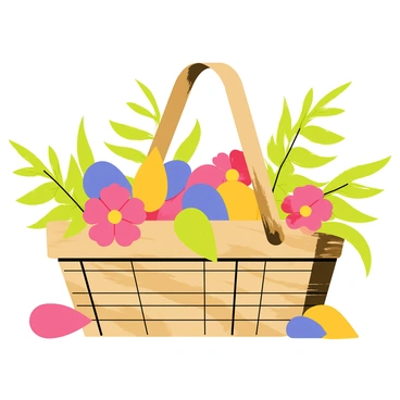 A wicker basket filled with assorted guitar picks in various colors and designs. The basket is situated on a wooden surface, with bright pink and yellow flowers blooming around it. Lush green leaves and ferns create a natural frame for the scene, adding to the vibrant atmosphere. Some guitar picks are scattered outside the basket, partially hidden among the flowers and greenery.