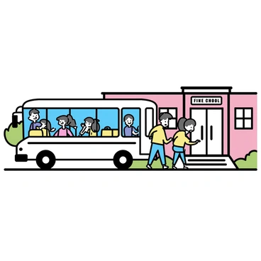 A white school bus, with a prominent stop sign extended, is parked outside a brick school building. The bus features large windows showing playful interior seating. A group of children, wearing colorful backpacks, are getting off the bus. Some children are laughing and chatting, while others are waving goodbye. The school has a large entrance with a sign displaying the school's name above the double doors. The surrounding area includes green grass and a few trees providing shade.
