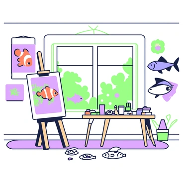 An artist's studio is filled with various sketches and paintings depicting different fish species. On the walls, there are vibrant illustrations showcasing a variety of fish, including a large orange clownfish and a sleek blue marlin. A wooden easel stands in the center, holding a canvas with a partially completed painting of an intricate coral reef scene. A table nearby is cluttered with art supplies such as brushes, palettes, and jars of water. Scattered on the floor are several loose sketches featuring detailed anatomical studies of fish. Natural light streams through a large window, illuminating the studio space.