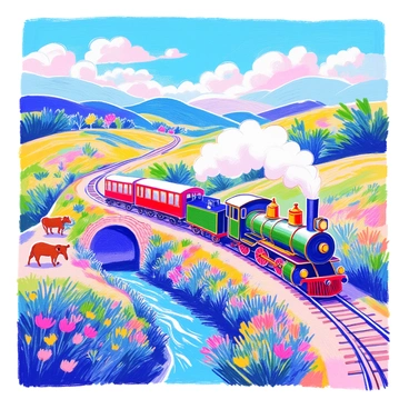 A steam train is chugging along a winding track through a picturesque countryside. The train has a dark green exterior with shiny brass accents, puffing white steam from its chimney. Lush green fields stretch out on either side of the track, dotted with colorful wildflowers. In the background, rolling hills rise gently under a bright blue sky scattered with fluffy white clouds. A small wooden bridge arches over a shimmering creek beside the train. A few grazing cows can be seen in the nearby pasture, completing the idyllic scene.