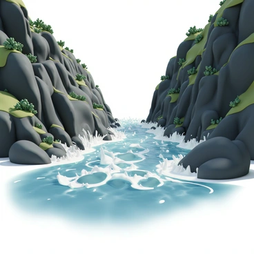A scene depicting "churning rapids" violently rushing through a "narrow gorge." The water is a vibrant blue with white frothy peaks, reflecting sunlight. The gorge's steep, rugged walls are made of dark, jagged rock, contrasting with the bright water. Lush greenery, including small trees and shrubs, clings to the rocky edges, while scattered boulders are partially submerged in the turbulent water. The overall atmosphere captures the dynamic movement of the rushing water and the dramatic landscape surrounding it.