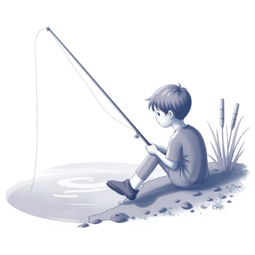 A child sitting on the muddy bank of a river, with a fishing rod in hand. The child has a focused expression, gazing at the water with a sense of hope. The riverbank is lined with patches of grass and scattered pebbles. Small ripples can be seen in the water as the child patiently waits for a catch. Nearby, a few reeds stand tall, swaying gently in the breeze. The sky above is clear, complementing the tranquil scene.