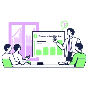 A business presentation is taking place in a modern conference room. At the front, a speaker with shoulder-length hair is standing next to a large screen displaying a chart that outlines "company sustainability goals." The speaker is wearing a tailored suit and holding a pointer in one hand, while gesturing with the other hand towards the chart. The chart features a series of bars and icons representing different sustainability initiatives. In the audience, several individuals are seated, taking notes and looking attentively at the presentation. A large window in the background shows a view of a city skyline.