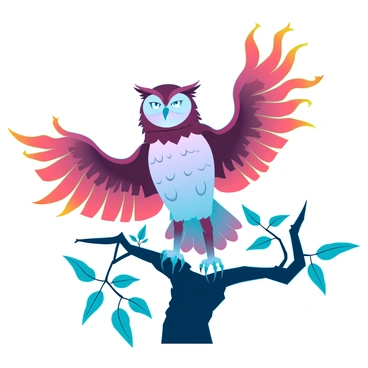 An owl with piercing icy blue eyes and vibrant, flame-like wings is perched majestically on a gnarled branch. The owl's feathers are intricately detailed, showcasing a mixture of browns and whites, contrasting with the bright colors of its wings. The wings are spread slightly, flickering with shades of orange and red, resembling flickering flames. The branch is rough and textured, surrounded by a soft blur of green leaves in the background, hinting at a lush forest setting. The owl's sharp beak is slightly open, adding to its imposing presence as it surveys its surroundings.