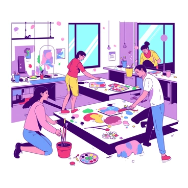 A group of students is engaged in tidying up a vibrant art studio. The studio is filled with various art supplies, including paintbrushes, palettes, and tubes of paint scattered on large work tables. Colorful paint splatters adorn the walls and floors, showcasing a creative atmosphere. One student is kneeling as they gather brushes into a container, another is wiping down a table with a cloth, and a third student is organizing colorful palettes. Sunlight streams through large windows, illuminating the lively scene of collaboration and creativity.