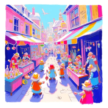 A bustling goblin market is filled with quirky stalls made from mismatched wooden planks and brightly colored fabrics. Each stall displays a variety of colorful wares such as sparkling potions in glass vials, hand-painted trinkets, and odd food items like glowing fruits and oversized mushrooms. Goblins of various sizes, wearing eclectic clothing and hats, are haggling with each other and examining the unique items. Some stalls have colorful banners fluttering above, while others are adorned with strange curiosities. The atmosphere is lively, with goblins chatting animatedly and laughter echoing throughout the market.
