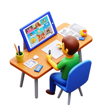 A digital artist sitting at a table, using a tablet to design a comic strip. The tablet displays multiple comic panels filled with colorful illustrations. Speech bubbles appear in the panels, showing dialogue. The artist is holding a stylus, actively drawing, with a focused expression on their face. Various art supplies and sketches are scattered around the table, adding to the creative environment.