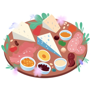 A large wooden charcuterie board is filled with an assortment of cheeses and cured meats from various countries. The board features a creamy Brie cheese, a sharp cheddar, and a tangy blue cheese, each sliced into neat portions. Accompanying the cheeses are thinly sliced prosciutto, chorizo, and salami, arranged artfully. There are colorful piles of olives, sun-dried tomatoes, and mixed nuts placed around the meats and cheeses. Small bowls of honey and grainy mustard add richness to the display. Fresh herbs and edible flowers provide vibrant pops of color throughout the arrangement.