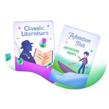 A metro card featuring illustrations of iconic literary characters and symbols. On one side of the card, there is a silhouette of "Sherlock Holmes" with his signature hat and pipe, next to an open book displaying "Pride and Prejudice." The background includes whimsical elements such as quills and ink pots, combined with the title "Classic Literature" in elegant lettering. On the opposite side, there is a depiction of "Huckleberry Finn" holding a canoe paddle beside a river, with "Adventure Awaits" written in bold letters. The overall color scheme is a blend of soft pastels, creating a modern yet classic feel.