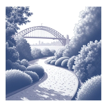 A winding path covered with pebbles leads through dense foliage. Lush greenery, consisting of various trees, shrubs, and plants, frames the pathway. Sunlight filters through the leaves, creating dappled shadows on the ground. In the distance, the silhouette of the "Sydney Harbour Bridge" can be seen rising above the treetops, its iconic arches prominently displayed against the skyline. The scene embodies a harmonious blend of nature and urban architecture.