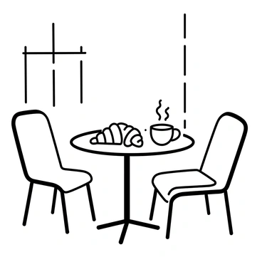 A small round table is placed in a sunlit corner of a room. On the table, there is a steaming cup of coffee next to a flaky, freshly baked croissant. The coffee cup has a simple design, and the croissant is golden with a slightly curved shape. Surrounding the table, there are two chairs with soft cushions. Light streams in through a nearby window, casting gentle shadows on the table and highlighting the textures of the croissant.