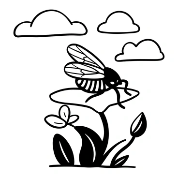 A cicada resting on a flower, with its wings spread out. The flower has delicate petals, and there are several leaves surrounding it. In the background, fluffy clouds are scattered across the sky, creating a sense of openness. The cicada's body has intricate details, showcasing its texture.