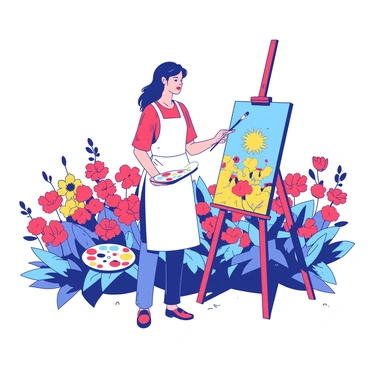 An artist with a white apron is standing in the middle of a vibrant flower field. The artist is holding a paintbrush in their right hand, poised above a large canvas set on an easel. The canvas is partially painted with bright colors, reflecting the surrounding flowers. The flower field is filled with a variety of blooms in shades of red, yellow, and blue, creating a lively scene. The artist's palette, held in their left hand, is dotted with colorful paint blobs. A gentle breeze is causing some of the flowers to sway slightly.