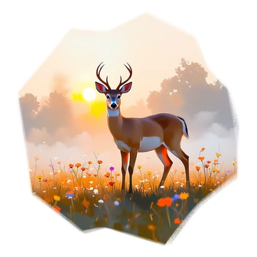 A roe deer with a reddish-brown coat is standing gracefully at the edge of a misty meadow. The sunlight is just beginning to break through the horizon, casting a soft golden light over the landscape. The meadow is filled with dewy grass and wildflowers, their colors muted by the morning mist. In the background, silhouettes of trees can be seen, partially obscured by the fog. The atmosphere is tranquil, capturing the serene moment of dawn unfolding in nature.