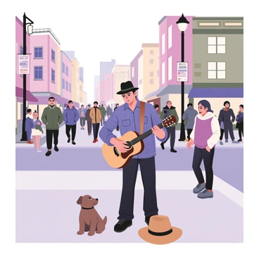 A street musician is playing guitar on a busy city corner. The musician is wearing a blue flannel shirt, dark jeans, and a brown fedora hat placed in front of him for tips. There are various passerby pedestrians in the background, some stopping to listen, while others are walking briskly. A small dog sits near the musician, looking up at him. Colorful storefronts line the street, and a light pole with posters and flyers is visible to the side. The atmosphere captures the vibrancy of city life around the musician.